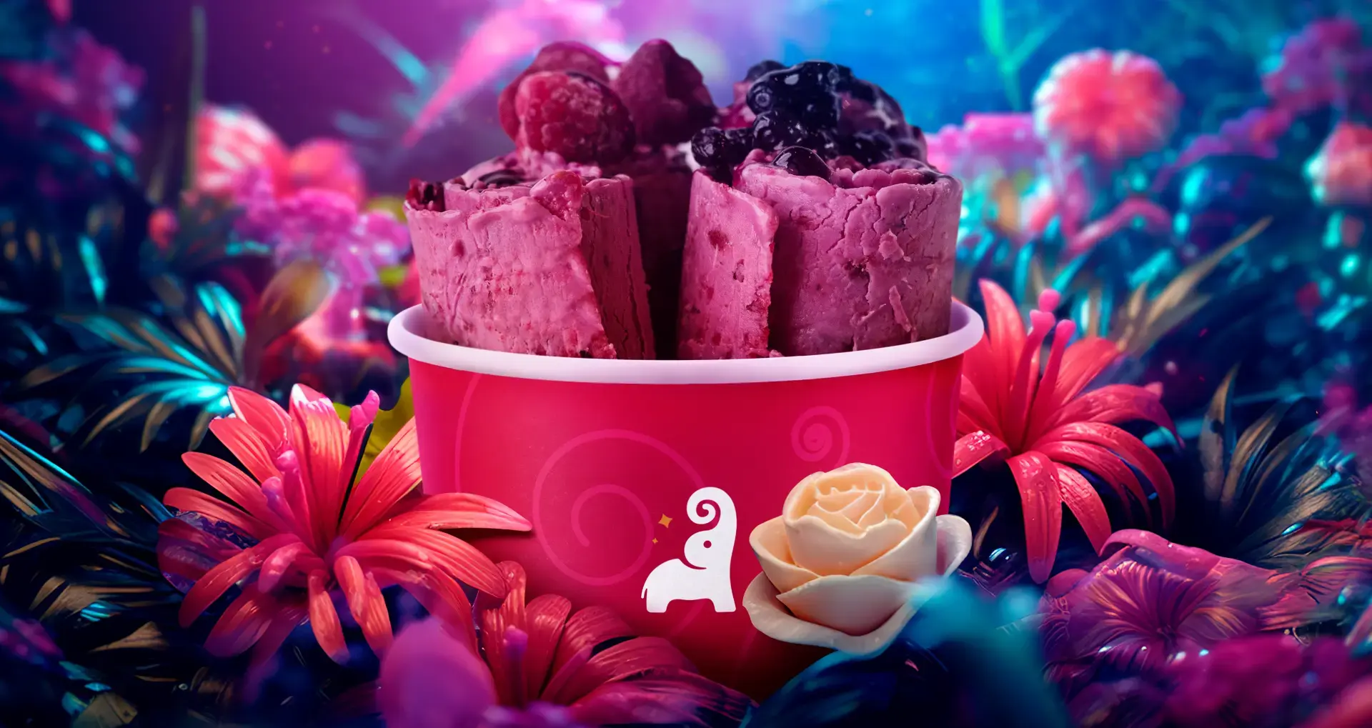 Tai Sweets berry rolled ice cream in a pink Tai Sweets cup, surrounded by vivid flowers